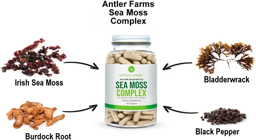 Antler Farms – 100% Pure Sea Moss Complex, 130 Capsules, Wildcrafted Irish Sea Moss, Bladderwrack, and Burdock Root – A Potent Blend for Wellness, Vegan-Friendly, Gluten, Soy, and Dairy Free