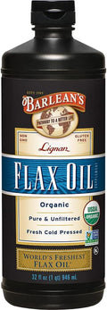 Barlean's Organic Lignan Omega 3 Flaxseed Oil Liquid Supplement for Men and Women, Cold Press Flax Seeds, 7230mg ALA Fatty Acid, Vegan and Gluten Free, 32 oz
