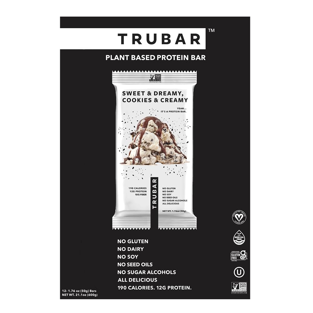 TRUBAR Vegan Protein Bar, Sweet & Dreamy Cookies and Creamy, Gluten Free, Plant Based Protein, Dairy Free, Non GMO, Soy Free, No Sugar Alcohols, 12G Protein, 12G Fiber, 23G Carb, On the Go Snack Bars, 12ct