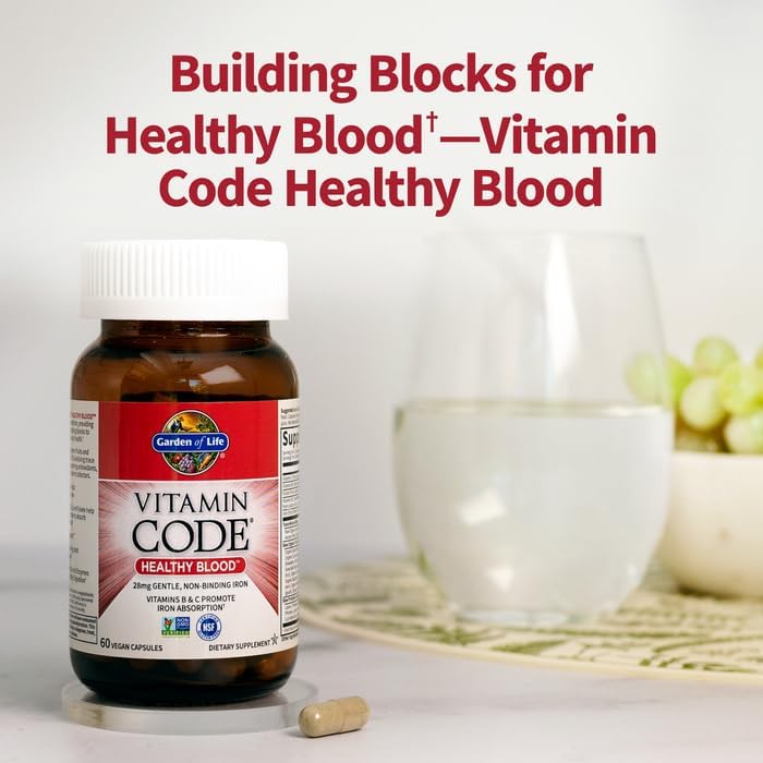 Garden of Life Vitamin Code Healthy Blood - Iron Supplement for Women, 60 Vegan Capsules, with Vitamins B, C, Trace Minerals, Fruit Veggies, Probiotics - for Energy and Anemia Support