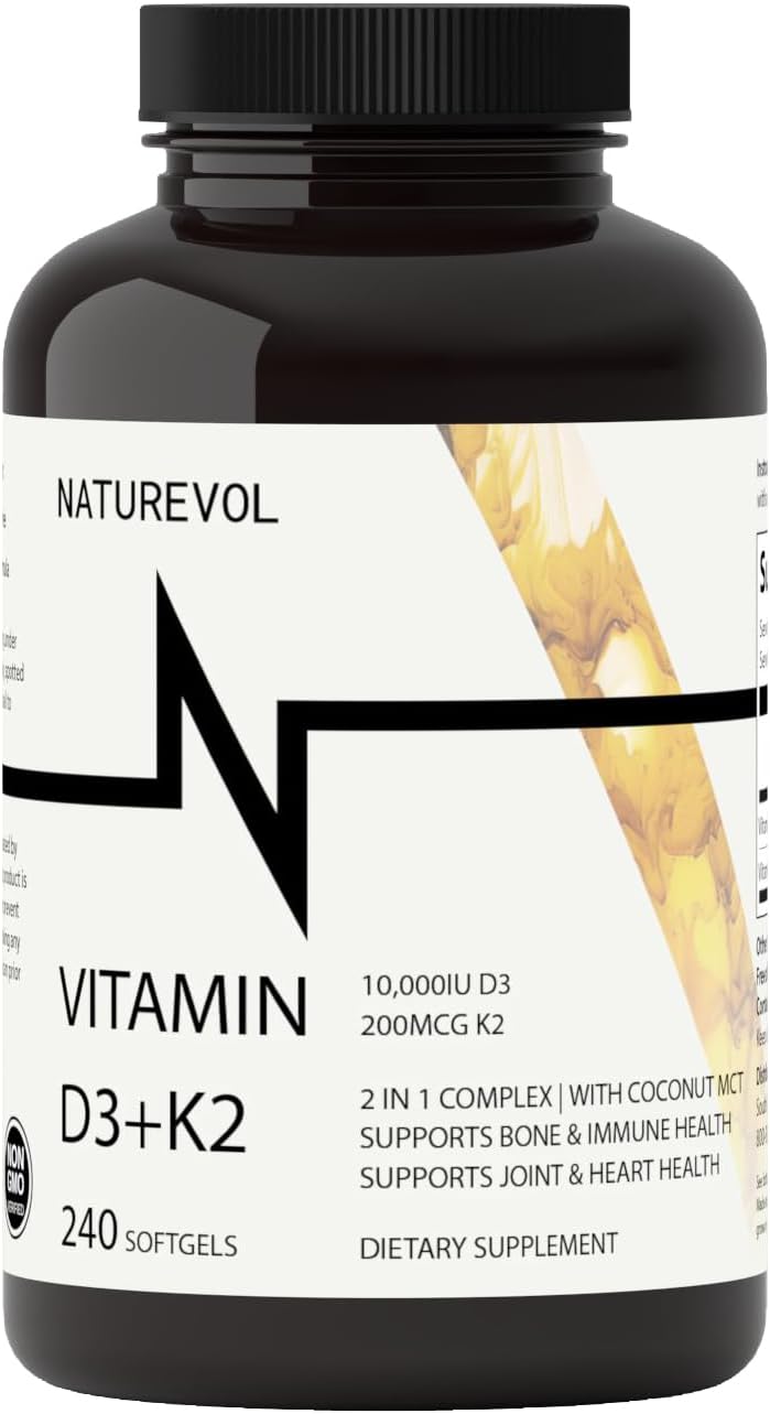 Vitamin D & K Complex with Coconut MCT Oil | D3 10000 IU Plus K2 (MK-7) 200 mcg for Healthy Muscle Function & Immune Support | Easy to Swallow | Soy & Gluten Free - Mini Softgels (240 Servings)