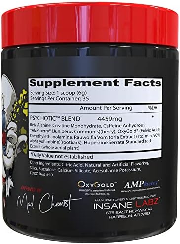 Insane Labz Psychotic, High Stimulant Pre Workout Powder, Extreme Lasting Energy, Focus and Endurance with Beta Alanine, Creatine Monohydrate DMAE, 35 Srvgs (Cotton Candy)