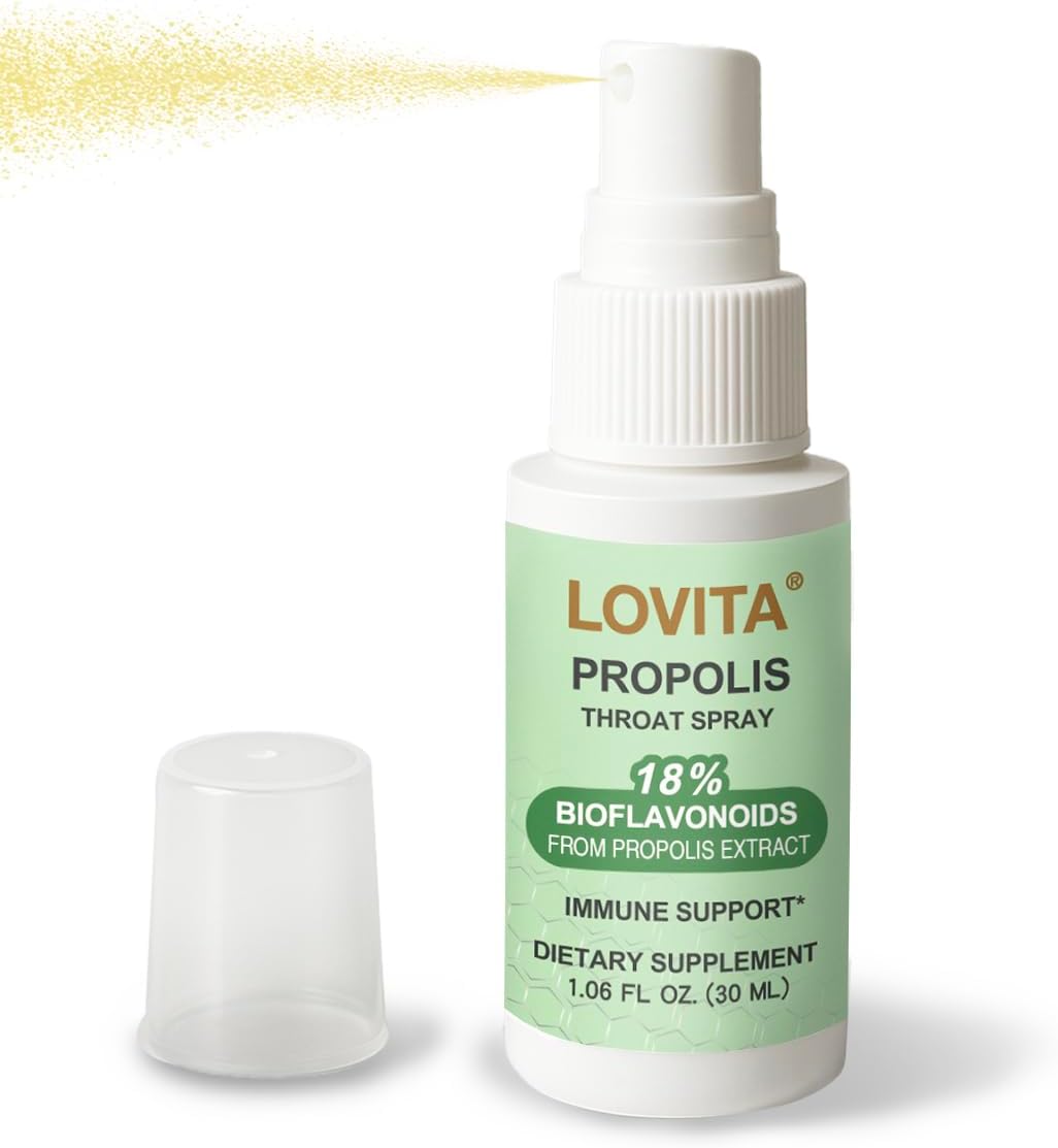 LOVITA Bee Propolis Throat Spray 250mg, Bee Propolis Extract with 18% Bioflavonoids, Alcohol-Free Antioxidant, Immune Support & Sore Throat Relief, Gluten-Free, Non-GMO, 1 Fl Oz, 30 Day Supply