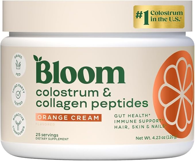 Bloom Nutrition Bovine Colostrum Powder for Gut Health, Immune Support, Hair Growth & Beauty Supplement, Gluten Free, Sugar Free | Orange Cream, 25 Servings