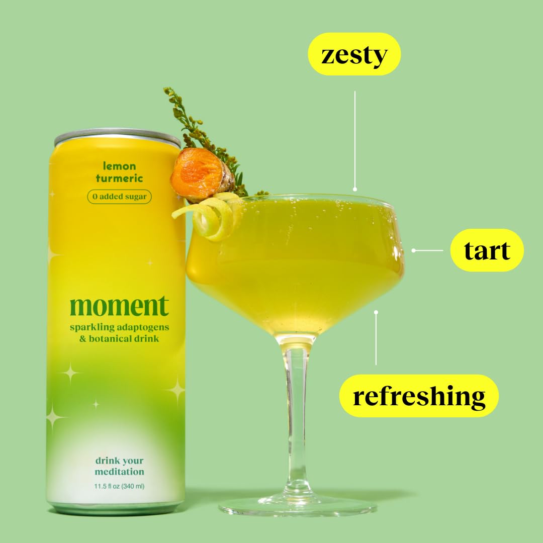 Moment Botanical Soda Soft Drink (Shark Tank) - SPARKLING Non Alcoholic Drinks | Lemon Turmeric | | L-Theanine & Ashwagandha for Calm & Clarity | 0 Added Sugar 0 Caffeine | 12-pack