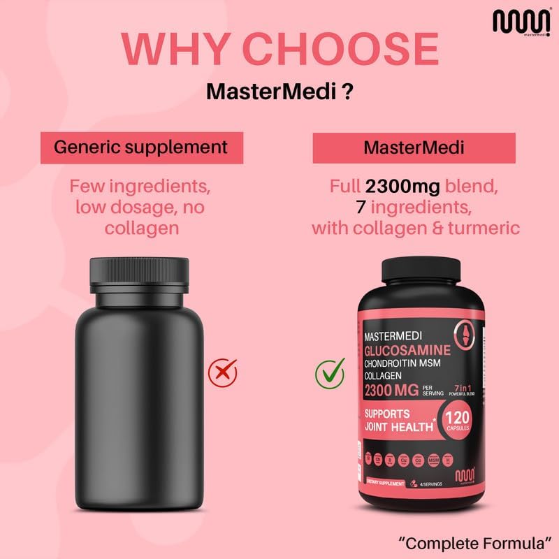 mastermedi Glucosamine Chondroitin MSM Collagen Capsules – 2300mg Joint Support Formula – with Turmeric, Boswellia, Hyaluronic Acid – Mobility & Flexibility Support – 120 Capsules, 30-Day Supply