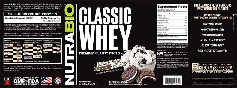 NutraBio Classic Whey Protein Powder- Full-Spectrum Amino Acid Profile - No Fillers, Artificial Colors, Preservatives - Low Glycemic Index - Ice Cream Cookie Dream, 5 Pounds