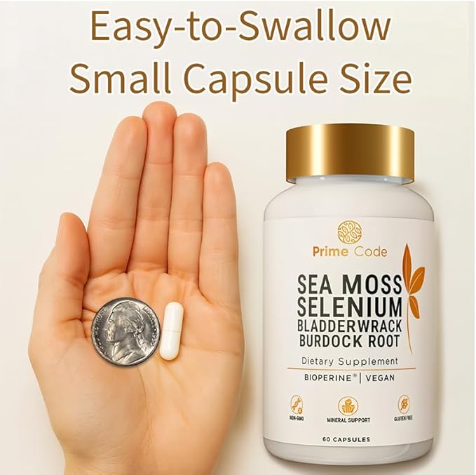 Prime Code Sea Moss Capsules with Selenium, Bladderwrack & Burdock Root – BioPerine® Enhanced Absorption – Vegan Daily Supplement for Immune, Skin, Gut & Energy Support – Pure Formula, No Sugar