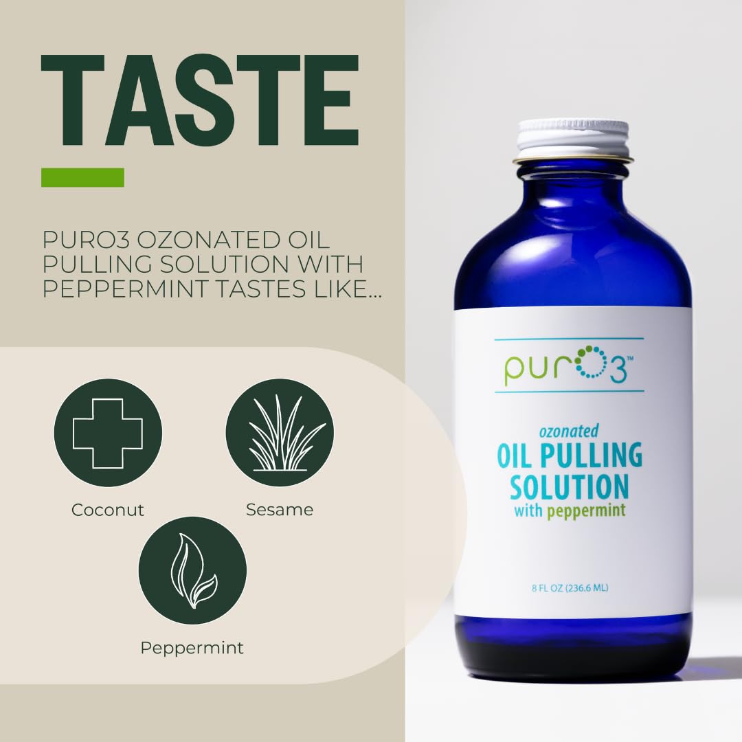 PurO3 Ozonated Oil Pulling Solution - Organic, Ozone Infused Coconut, Sesame, Sunflower, & Peppermint Essential Oils for Teeth & Gums - Fluoride-Free, Non-Toxic & Non-GMO Oral Care, 8 oz