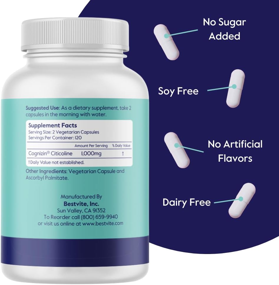 BESTVITE Cognizin 500mg (240 Vegetarian Capsules) (Value Size) - Clinically Studied Premium Choline Nootropic - No Stearates - Vegan - Non GMO - Gluten Free - Brain Supplements for Memory and Focus