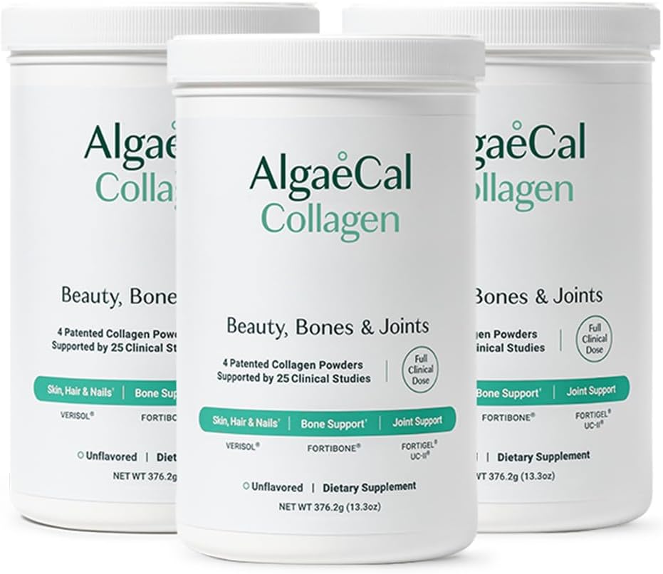 ALGAECAL Collagen - 4 Clinically-Supported Peptides VERISOL®, FORTIGEL®, UC-II®, FORTIBONE®, Anti-Aging Hydrolyzed Collagen Powder, 3 Packs, Made in USA