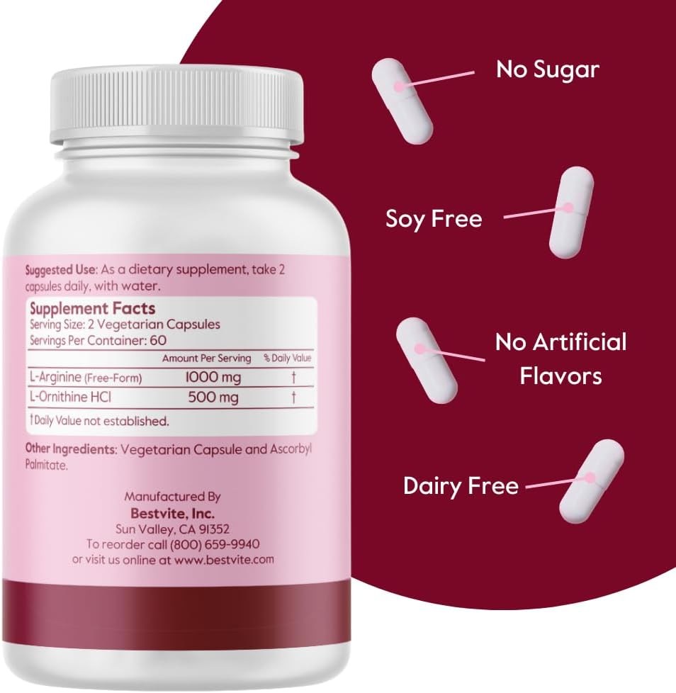 BESTVITE L-Arginine L-Ornithine 500-250 (240 Vegetarian Capsules) (120 x 2) - No Stearates - No Fillers - Vegan - Non GMO - Gluten Free - No Calcium Silicate