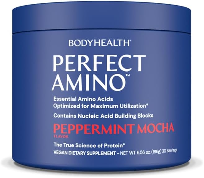 BodyHealth PerfectAmino - BCAA and EAA Powder for Pre and Post Workout - Amino Acid Energy Drink for Men and Women to Support Lean Muscle and Recovery - Peppermint Mocha - 30 Servings