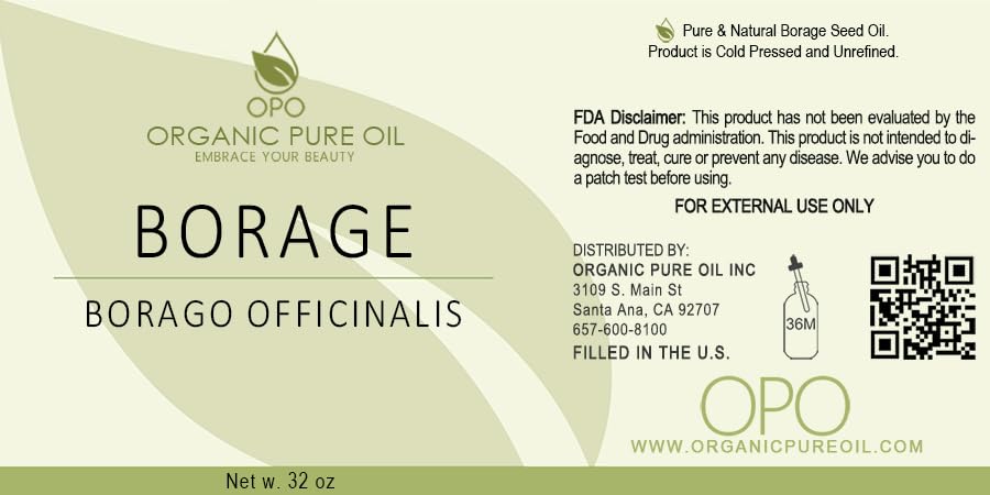 OPO Borage Seed Oil - 32 oz - Pure Unrefined Non GMO, High GLA, Bulk Natural Carrier Oil Moisturizer for Skin Hair Nails Body Soaps DIY & More - Liquid Borago Virgin Vegan
