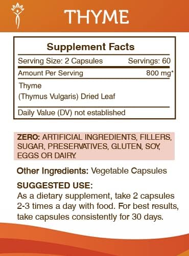 Secrets of the Tribe Thyme 120 Capsules, Made with Vegetable Capsules and Thymus Vulgaris Toni Effect (120 Capsules)