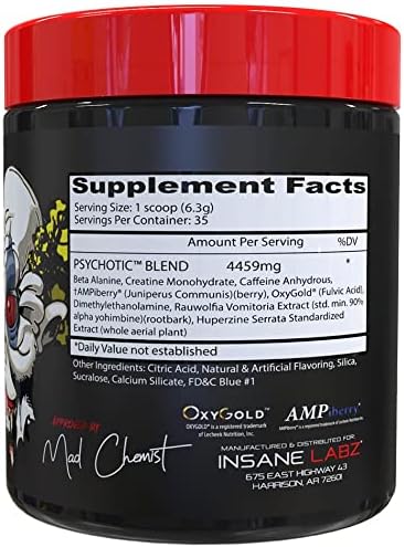Insane Labz Psychotic, High Stimulant Pre Workout Powder, Extreme Lasting Energy, Focus and Endurance with Beta Alanine, Creatine Monohydrate DMAE, 35 Srvgs (Blue Raspberry)