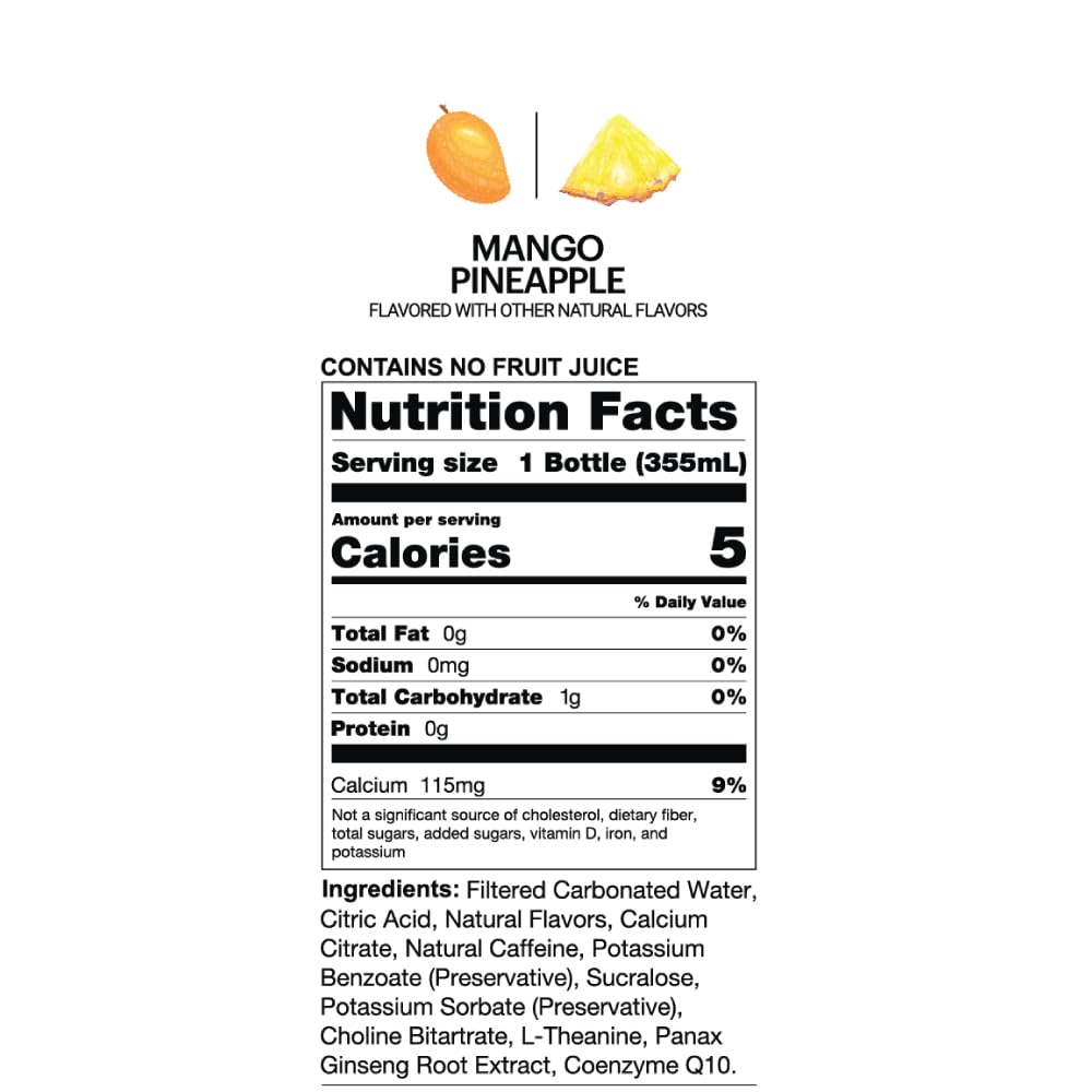 UPTIME Energy Drink, Mango Pineapple, 12 Pack, Vitamin C, L Theanine, Calcium, Sugar Free Energy Drinks for Focus Support, 142mg of Natural Caffeine, 5 Calories, Clean, Natural, Non GMO, 12 fl oz Cans