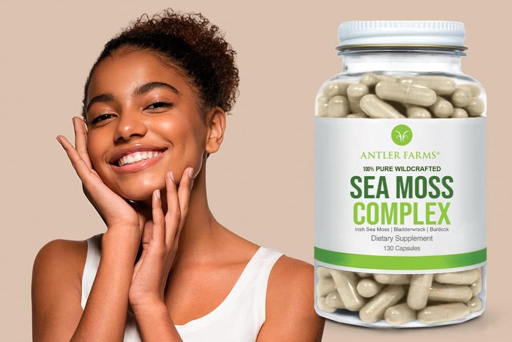 Antler Farms – 100% Pure Sea Moss Complex, 130 Capsules, Wildcrafted Irish Sea Moss, Bladderwrack, and Burdock Root – A Potent Blend for Wellness, Vegan-Friendly, Gluten, Soy, and Dairy Free