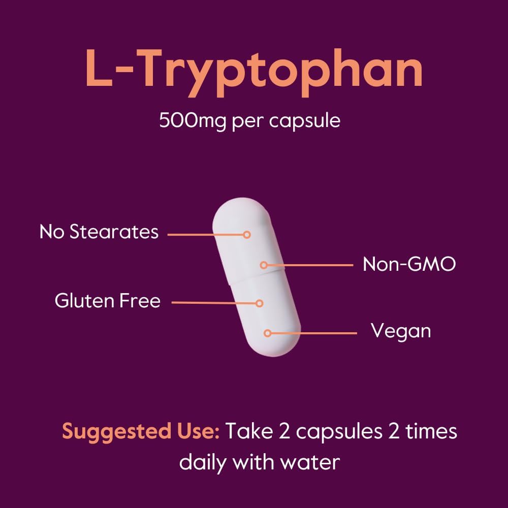 BESTVITE L-Tryptophan 500mg per Capsule (120 Vegetarian Capsules) - No Stearates - No Silica - No Gelatin - Vegan - Gluten Free - Non GMO