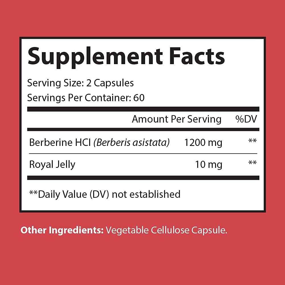 Berberine Plus 1200mg with Royal Jelly – Supports Weight Management, Heart Health & Glucose Metabolism – 120 Vegan Capsules – Non-GMO, Made in USA