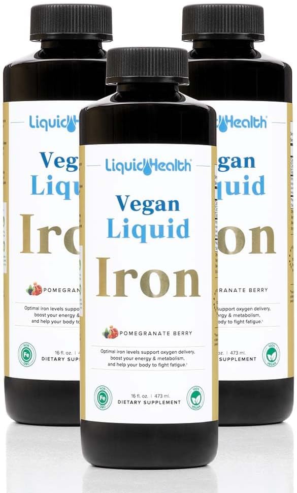 LIQUIDHEALTH Vegan Liquid Iron Supplement with SunActive & Ferrochel Fe - Natural Energy, Immune System & Metabolic Support, Increase Mental Clarity, Prenatal/Postnatal - USA Made, Non-GMO (3 Pack)