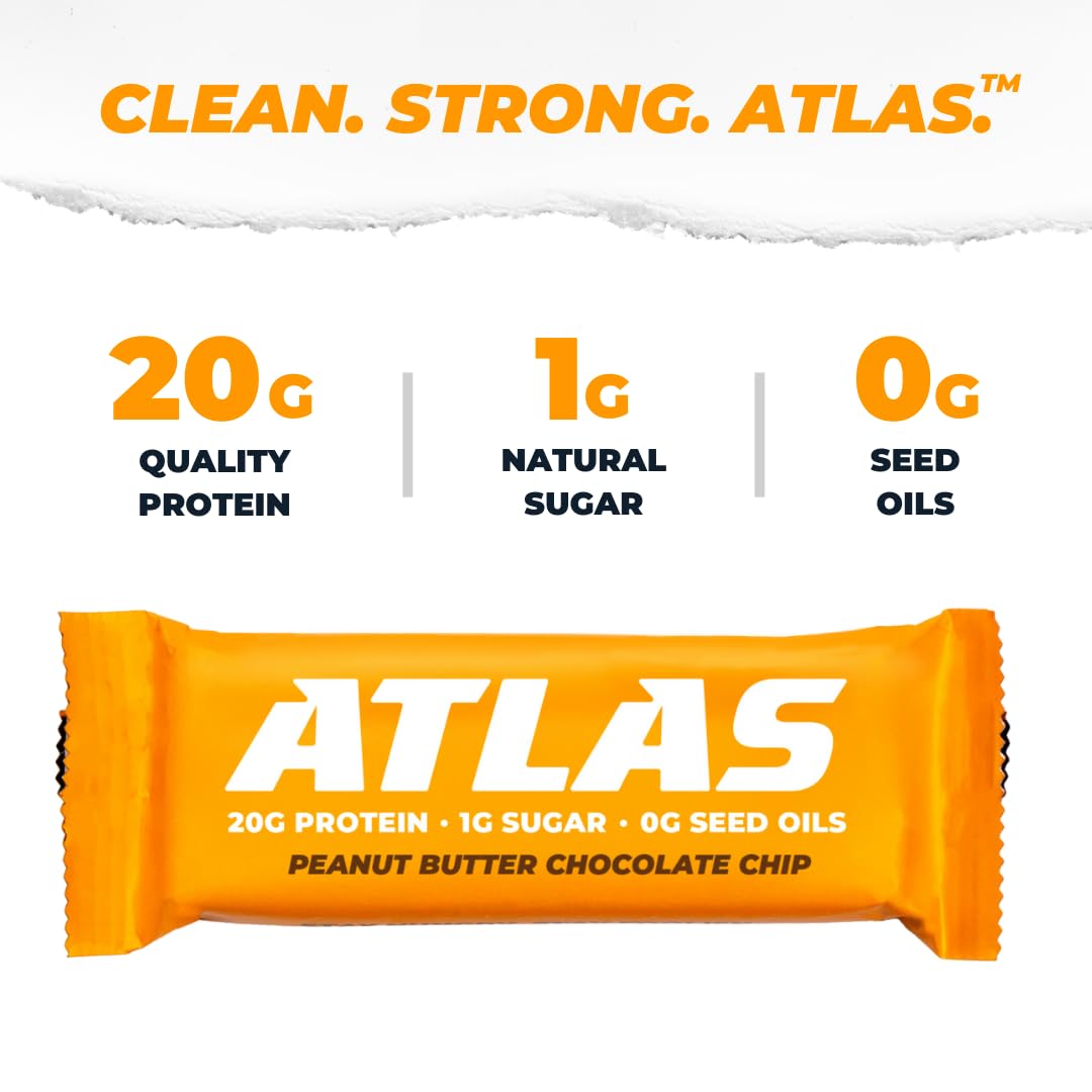 Atlas Bar – 20g Protein, 1g Sugar, 0g Seed Oils, 0g Artificial Sweeteners (Peanut Butter Chocolate Chip, 24 Count)