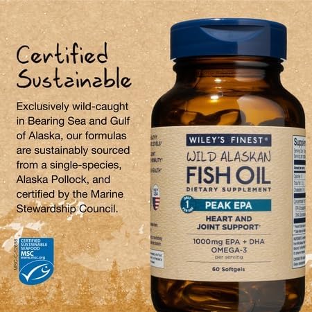 Wiley's Finest Wild Alaskan Fish Oil Peak EPA - Triple Strength Peak EPA & DHA Supplement - 1000mg Fish Oil - Omega-3s for Joint Health Support - 60 Softgels (60 Servings)