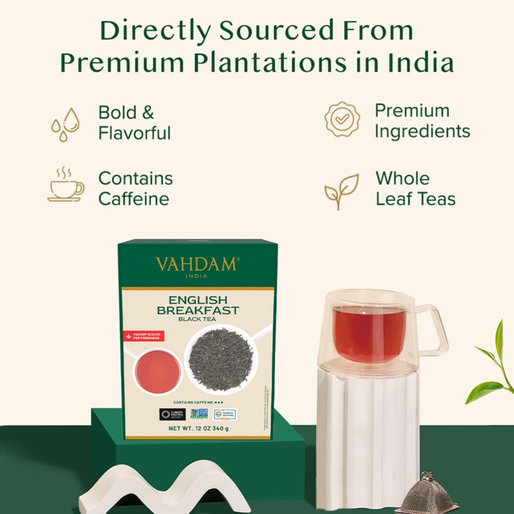 VAHDAM Original English Breakfast Tea (340g/12oz) 170+ Cups | Non GMO, Gluten Free | Strong & Aromatic Loose Leaf | Unblended Single Origin | Vacuum Sealed Pack