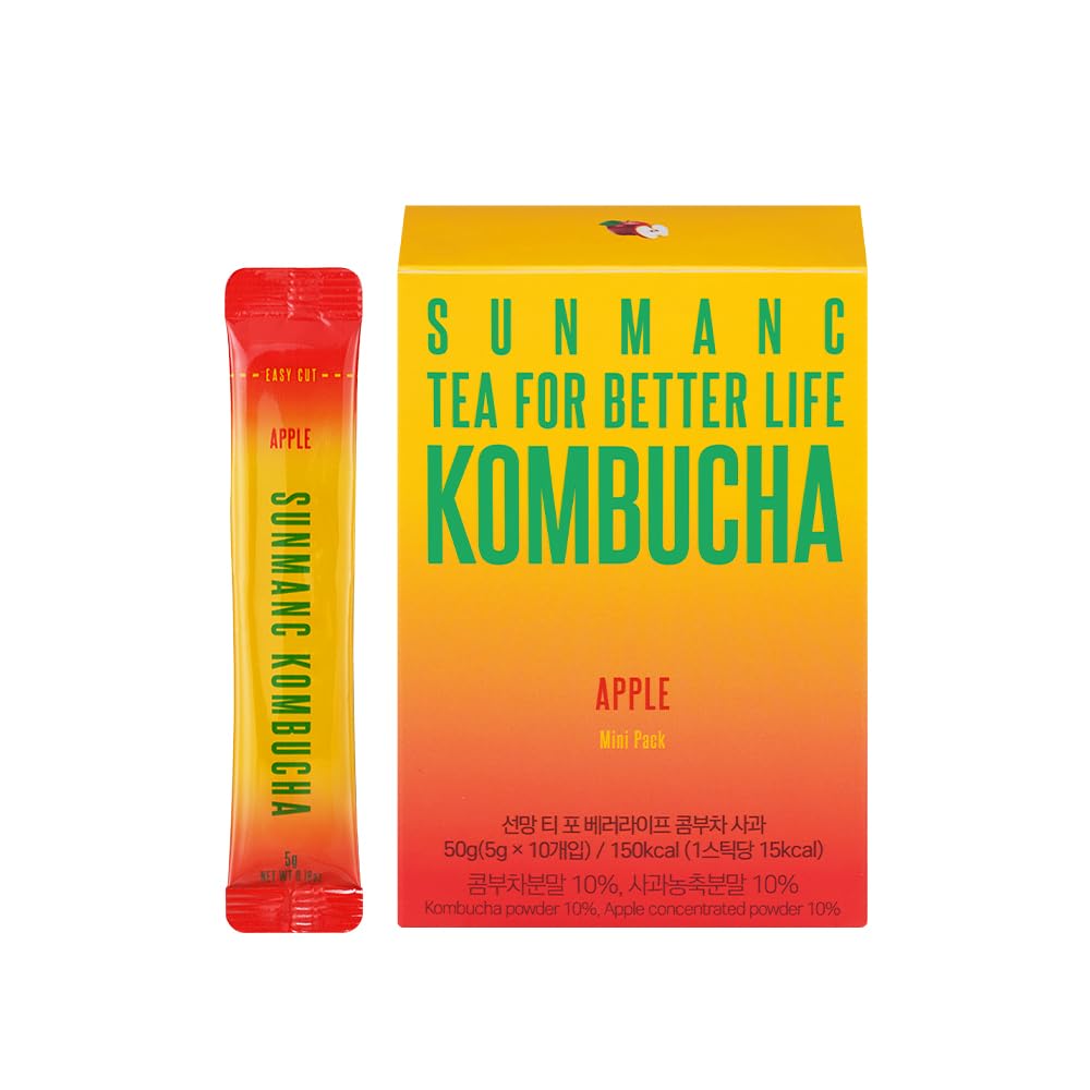SUNMANC Kombucha 10 packets, Sparkling Probiotic Fermented Drink, Convenient Powdered Drink Mix, Tea Powder, Low Calories, Sugar 0g, Low Caffeine (Apple)