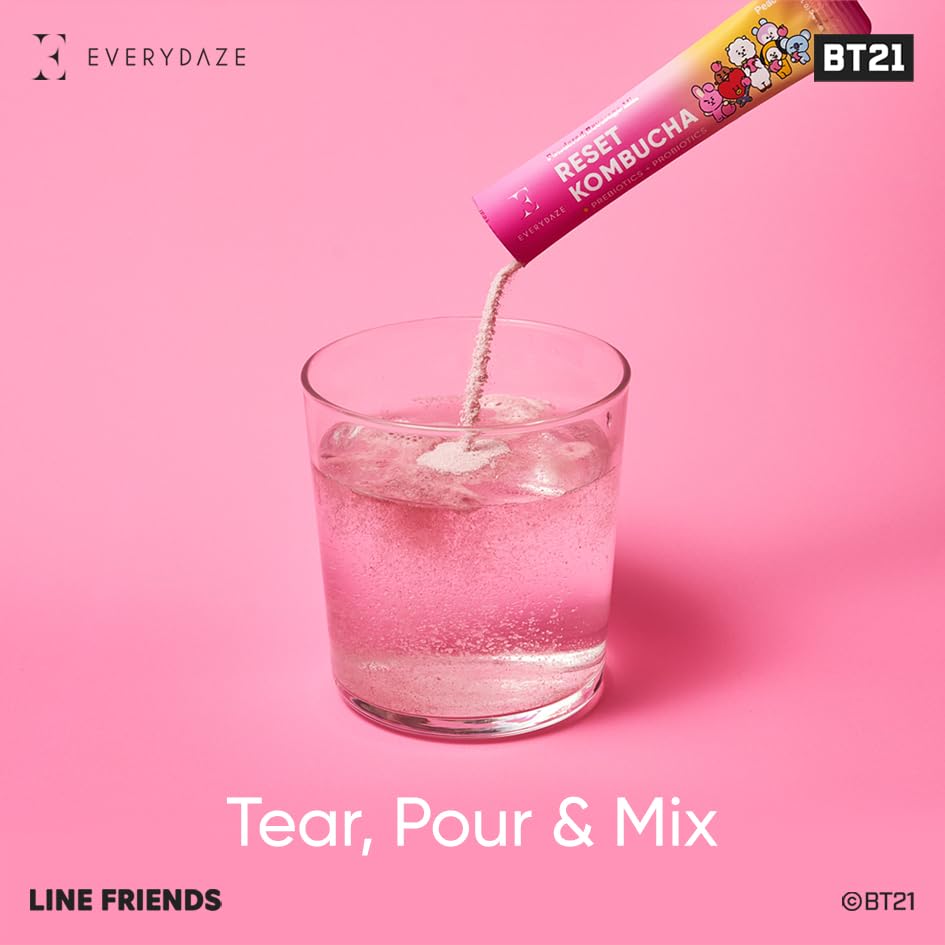 Everydaze BT21 Reset Kombucha Tea Powdered Beverage Mix | 10 Sticks | Prebiotics + Probiotics | Vegan | No Added Sugar, Gluten Free, Sparkling Powder Drink Pack (Peach)