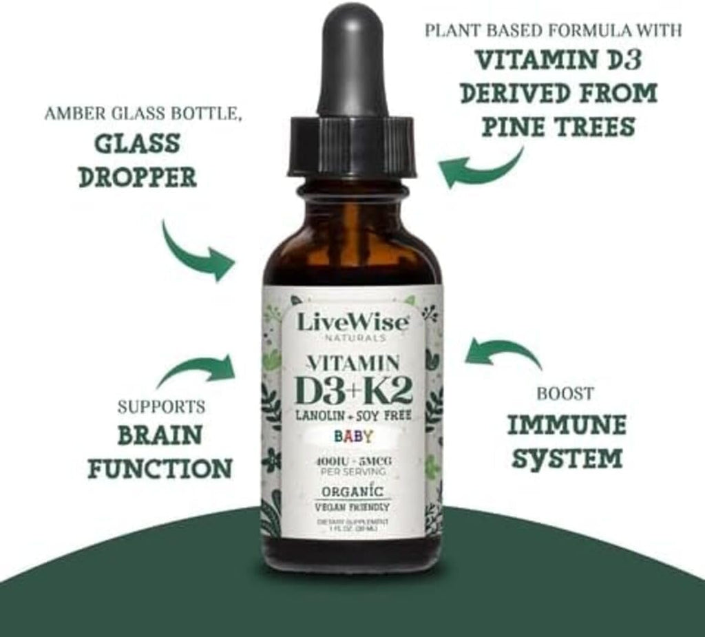 Baby Vitamin D3-K2 Liquid Supplement, Vitamin Drops for Infants and Toddlers, for Healthy Growth, Development and Daily Wellness, Easy-to-Use Dropper in Glass Bottle, 1 Fl Oz