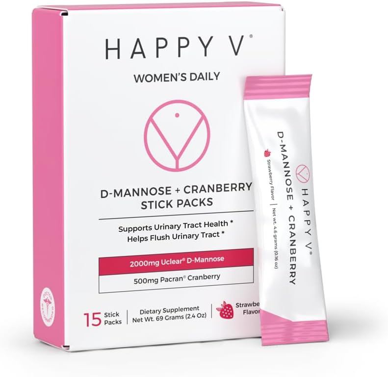 Happy V D-Mannose + Cranberry Stick Packs | Dr Formulated Urinary Tract Support Supplement | D Mannose Supplements for Women - Bladder Support - Promotes Urinary Comfort - 15 Stick Packs