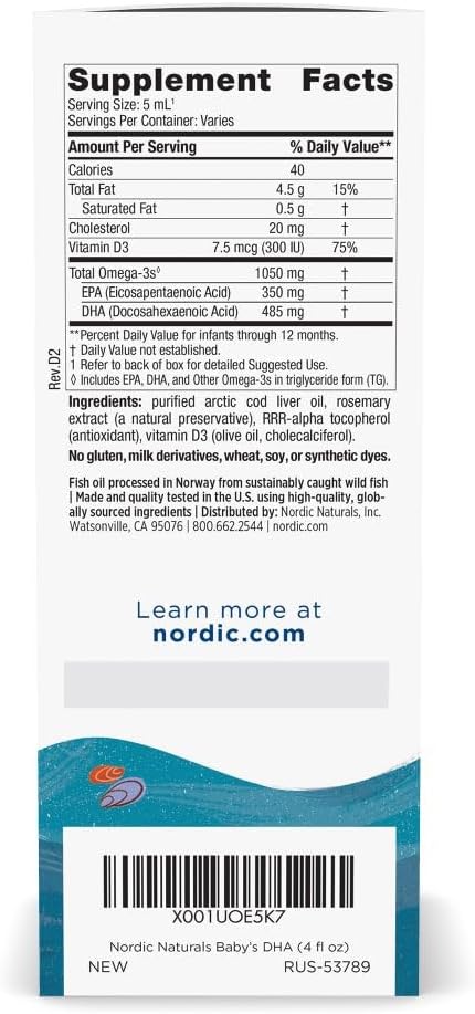 Nordic Naturals Baby’s DHA, Unflavored - 4 oz - 1050 mg Omega-3 + 300 IU Vitamin D3 - Supports Brain, Vision & Nervous System Development in Babies - Non-GMO - Servings May Vary