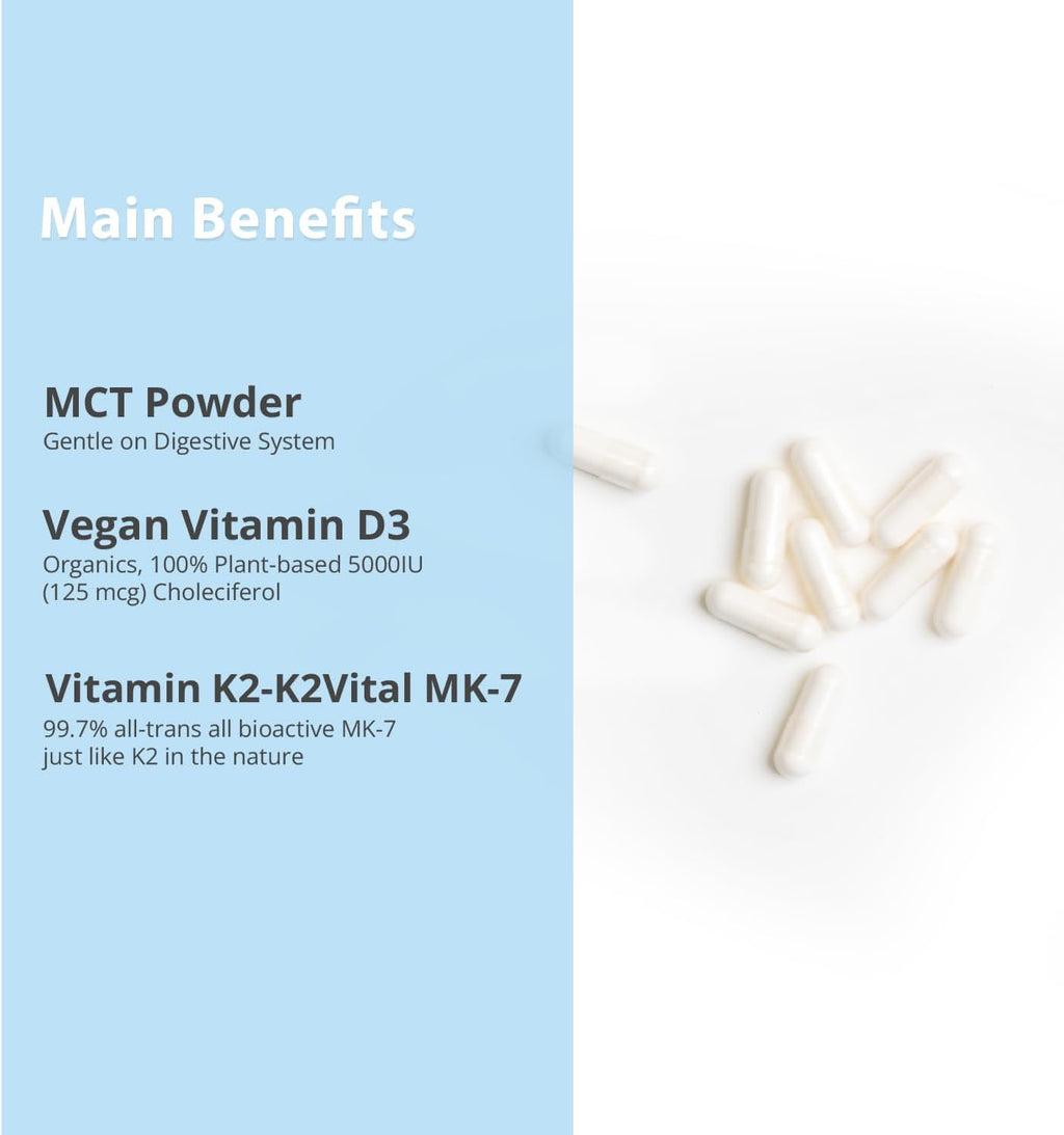 Vitamin D3 K2 with MCT, 5000 IU Vegan D3 & 100 mcg MK7 K2, Support Strong Bones and Immune Health - 30 Capsules (30 Days Supply)