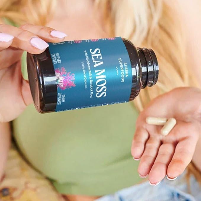 Akasha Superfoods Sea Moss Capsules, Organic Irish Moss with Bladderwrack Root, Burdock Root, and BioPerine, Skin, Thyroid, Digestion & Immunity Support for Women & Men, Gluten Free, Vegan, 60 Count