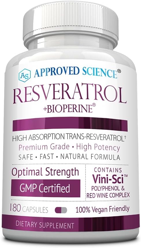 Approved Science® Resveratrol - 1000 mg of Trans Resveratrol - 250 mg of Polyphenol - 98% Purity Level - Includes Bioperine® - 180 Vegan Friendly Capsules - 1 Bottle