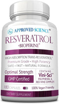 Approved Science® Resveratrol - 1000 mg of Trans Resveratrol - 250 mg of Polyphenol - 98% Purity Level - Includes Bioperine® - 180 Vegan Friendly Capsules - 1 Bottle