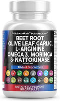 Clean Nutraceuticals Beet Root Capsules Olive Leaf Nattokinase Garlic Extract L-Arginine Omega 3 Red Yeast Rice Hibiscus Danshen - Healthy Support Supplement - 90 Ct