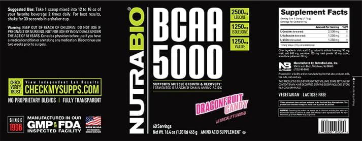 NutraBio BCAA 5000 Powder - Vegan Fermented BCAAs - Supports Lean Muscle Growth, Recovery, Endurance - 60 Servings - Dragonfruit Candy
