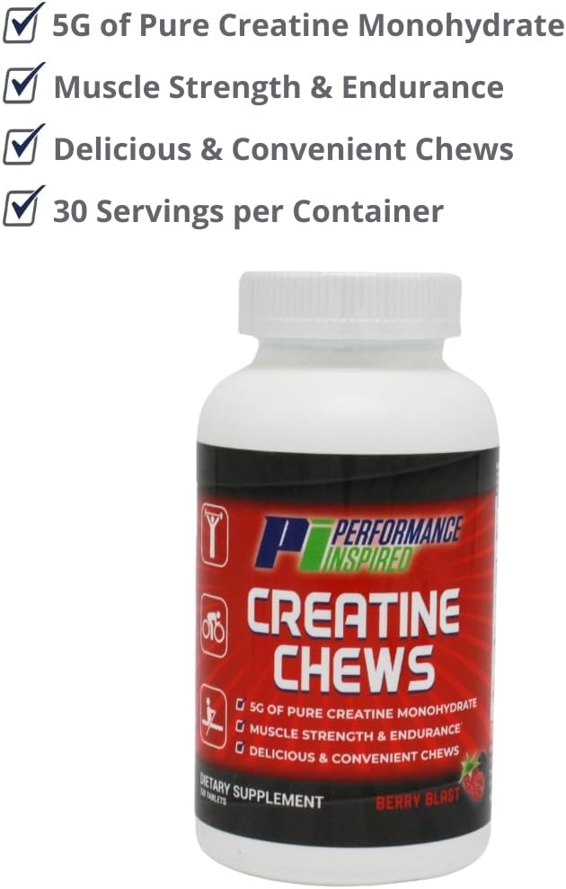PERFORMANCE INSPIRED Nutrition Creatine Chew – 5g Creatine Monohydrate – Supports Muscle Growth & Recovery – Berry Blast Flavor – 120 Count