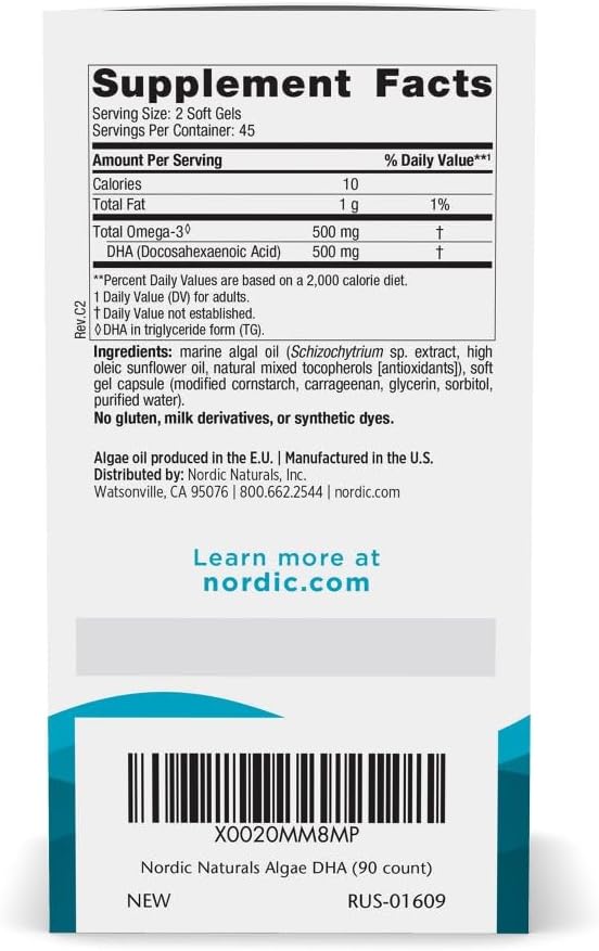 Nordic Naturals Algae DHA - 90 Soft Gels - 500 mg Omega-3 DHA - Certified Vegan Algae Oil - Plant-Based DHA - Brain, Eye & Nervous System Support - Non-GMO - 45 Servings