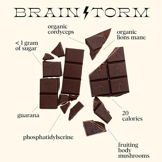 Brainstorm 2-Pack | Functional Mushroom Chocolates | Energy Bites for Focus, Clarity & Cognitive Function | Lions Mane, Cordyceps, Guarana & Phosphatidylserine, Natural Caffeine