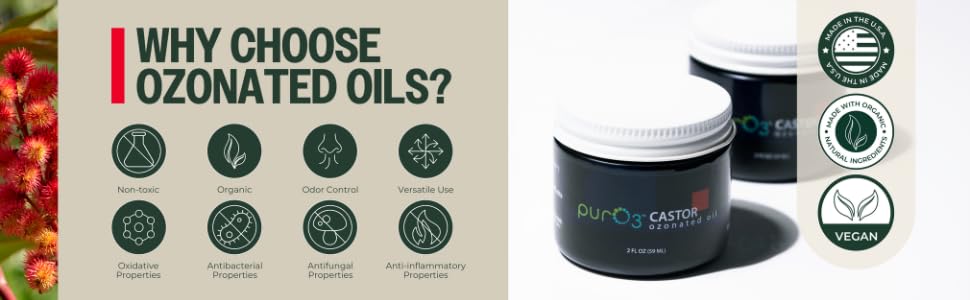 PurO3 Ozonated Castor Oil – Pure, Natural, Organic Skincare for Face & Body – Oxygenated Healing Lotion, Moisturizer & Beauty Cream in a Glass Jar – O3 Therapy Salve, 2 oz