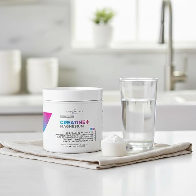 Livingood Daily Creatine + Magnesium Powder, Unflavored | 5g Micronized Creatine Monohydrate with Magnesium for Energy, Muscle Recovery & Performance | 30 Servings
