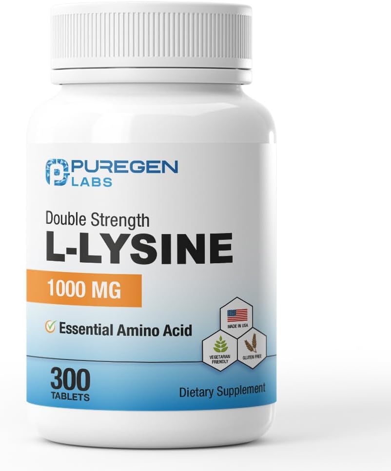 Puregen Labs L-Lysine Extra Strength 1000 MG per Tablet - 300 Servings | High Potency, Immune and Collagen Synthesis Support, Non-GMO, NO Gluten and Dairy - 300 Tablets Made in USA