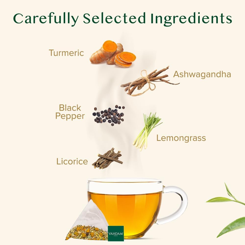 VAHDAM, Turmeric Ashwagandha Herbal Tea Bags (100 Count) Caffeine Free, Non GMO, Gluten Free | 100% Pure Herbal Blend - Sweet & Earthy | Whole Leaf Tea Bags | Resealable Ziplock Pouch