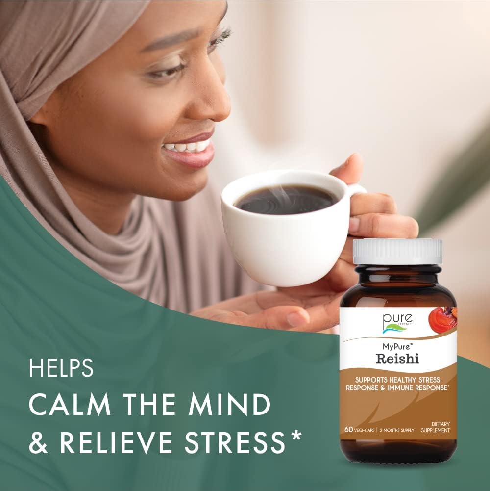 PURE ESSENCE LABS MyPure Reishi Organic Mushrooms Supplement - 100% Real Mushroom Extract for Immune Support, Stress Relief, Build Energy (60 Capsules)
