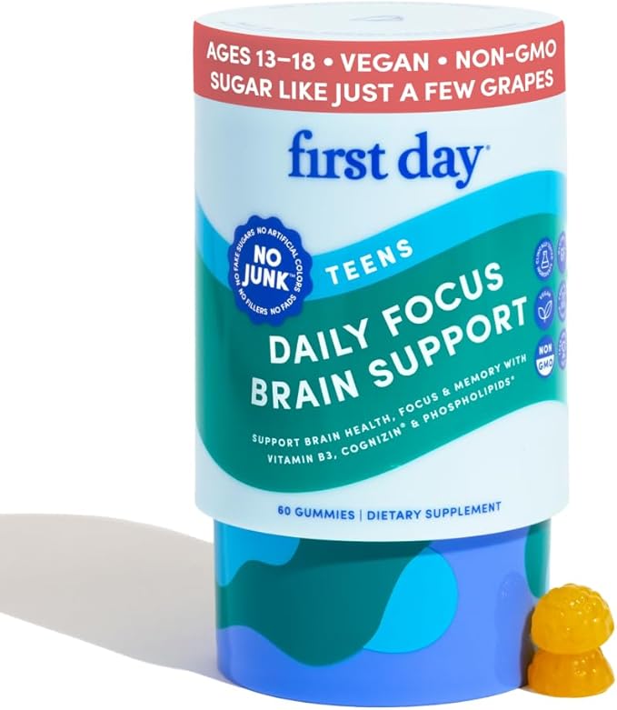 FIRST DAY Teen Brain & Focus Supplement Gummies Ages 13–18 | Study & Concentration Support with Cognizin® Citicoline & Phosphatidylserine | Vegan, Non-GMO, Caffeine-Free | 30-Day Supply