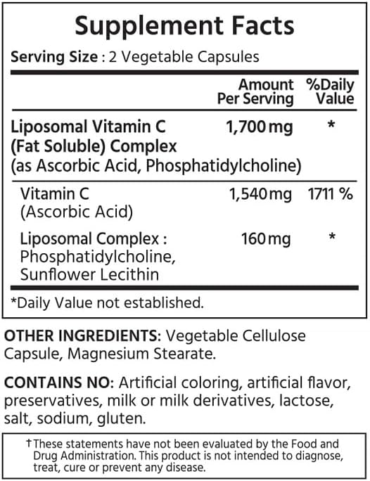 ML Naturals High Potency Liposomal Vitamin C 1,700mg Serving, 180 Vegetable Capsules, High-Potency, Long-Lasting Effect, Gluten-Free