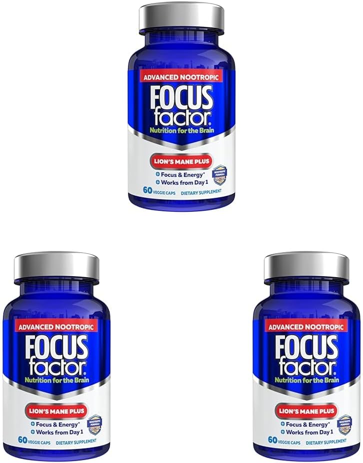 Focus Factor Lions Mane Plus, Advanced Nootropic with L-Theanine, Caffeine, Focus and Energy (60 Count) (Pack of 3)